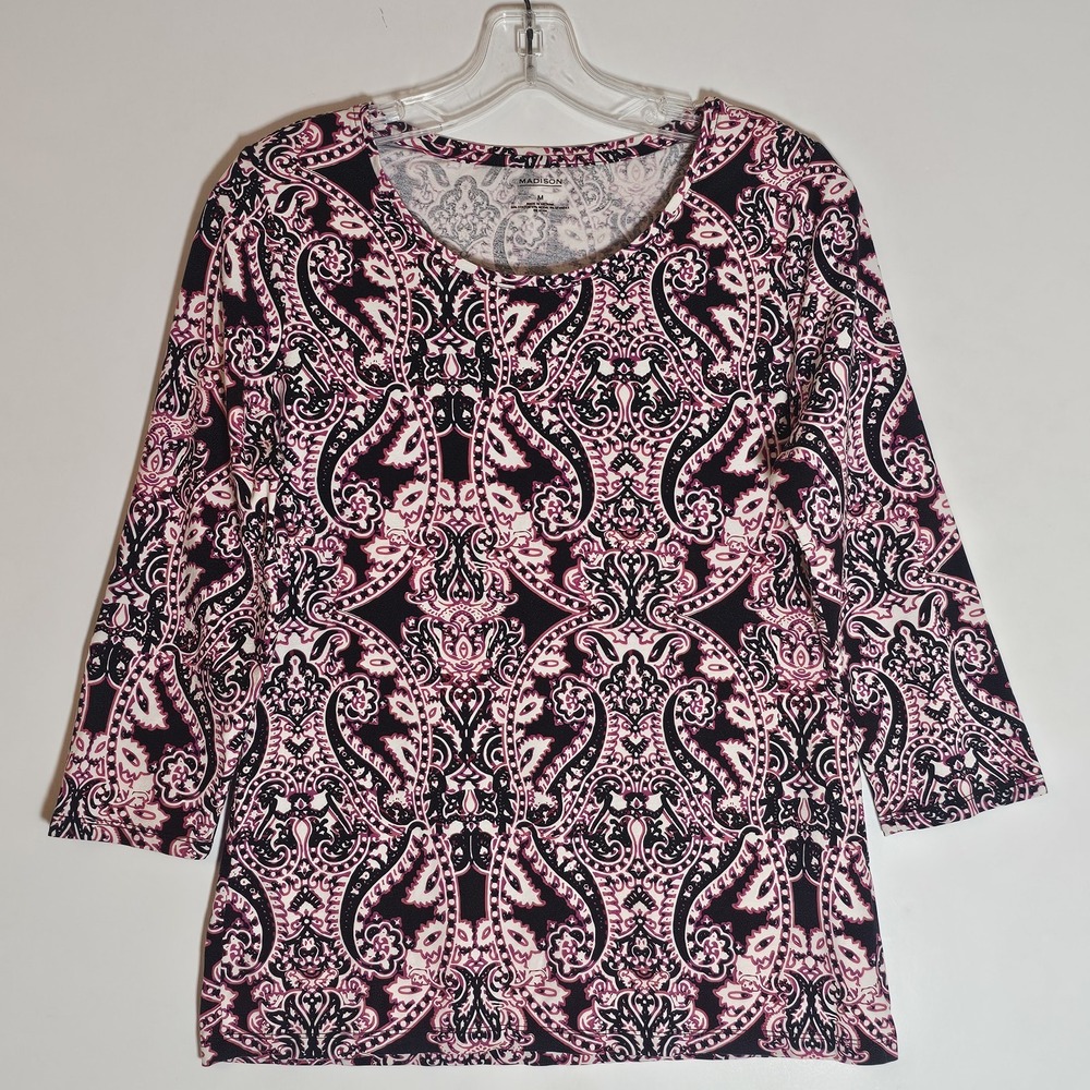 Madison Top Womens Medium Pink Black Paisley Knit Stretch 3/4 Sleeve Casual Soft